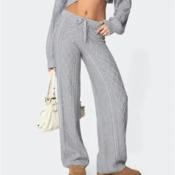 EDIKTED Gray Cable Knit Wide-Leg Pants - Picture 2 of 4